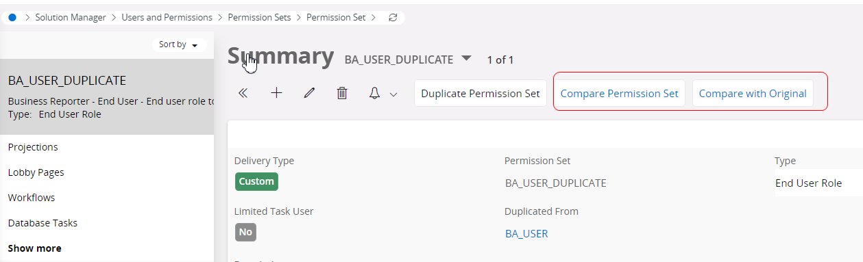 Compare Permission Sets Page